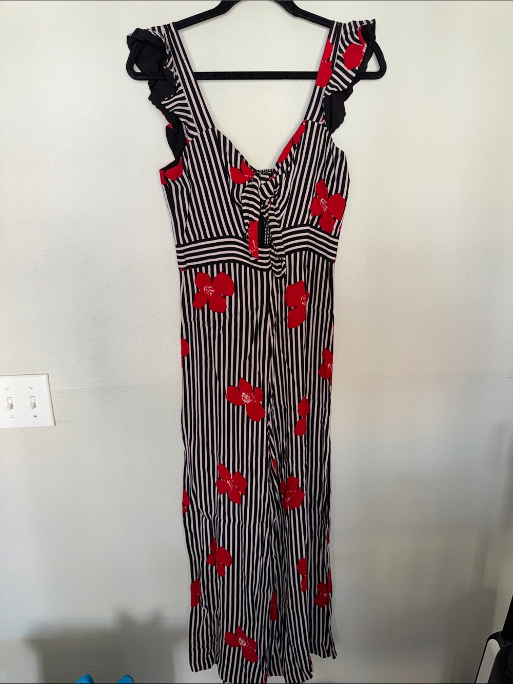 Madewell Black & White Striped Jumpsuit with Red Floral Print